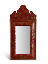 A Queen Anne style red japanned cushion framed mirror