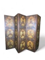 A five fold screen covered in 18th century Spanish painted leather panels