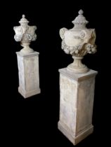 A pair of classical stoneware lidded urns and covers raised on square section plinth bases