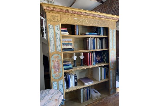 A large Italian Renaissance style polychrome and parcel gilt decorated pine open bookcase - Image 2 of 13