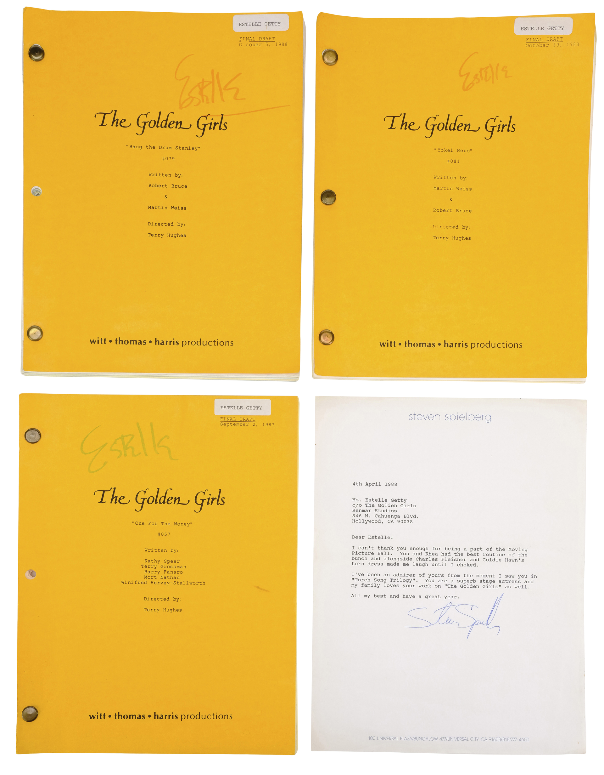 THE GOLDEN GIRLS (T.V. SERIES, 1985 - 1992) - Set of Three Estelle Getty-Autographed Scripts with St