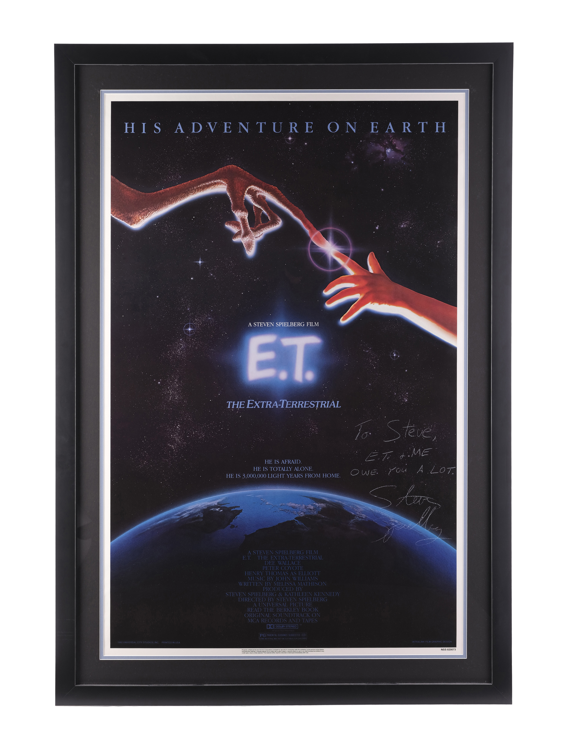 E.T. THE EXTRA-TERRESTRIAL (1982) - Framed Steven Spielberg-Autographed "Touching Fingers" One-Sheet