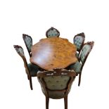 Fine Quality Late Victorian Walnut Table & 4 Chairs + 2 Carvers, Green Upholstery to the Seats,