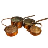 Antique Copper Saucepans & 2 Kettles, Each Saucepan with Cast Metal Handles