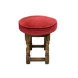 Antique Oak 4 Legged Piano Stool with Red Cushioned Seat