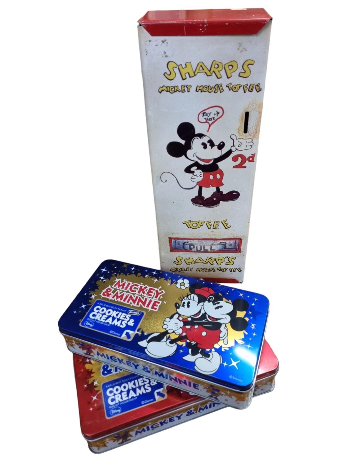 Disney: Rare Vintage Tinplate Sharps Mickey Mouse Toffee Dispenser Tin + 2 Modern McVites Mickey &