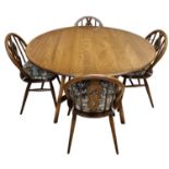 Mid-Century Ercol Elm & Beech Dining Table and 4 Chairs, Each Chair with the Fleur De Lys Design and