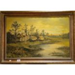 Fine Framed Oil Painting "Sundown, West Butterwick" by G Cole (George Cole) 1876 has been relined