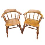 Pair of Antique Beech & Elm Smokers Bow Armchairs / Captains Chairs