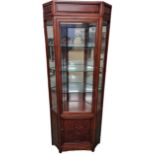 Vintage Chinese Rosewood Arts & Crafts Style Mirror Back, Glazed Corner Display Cabinet, Fret Work