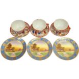 3 x Noritake Blue & Gilt Sandwich Plates with Hand Painted Country Scenes + 3 Japanese Eggshell Cups