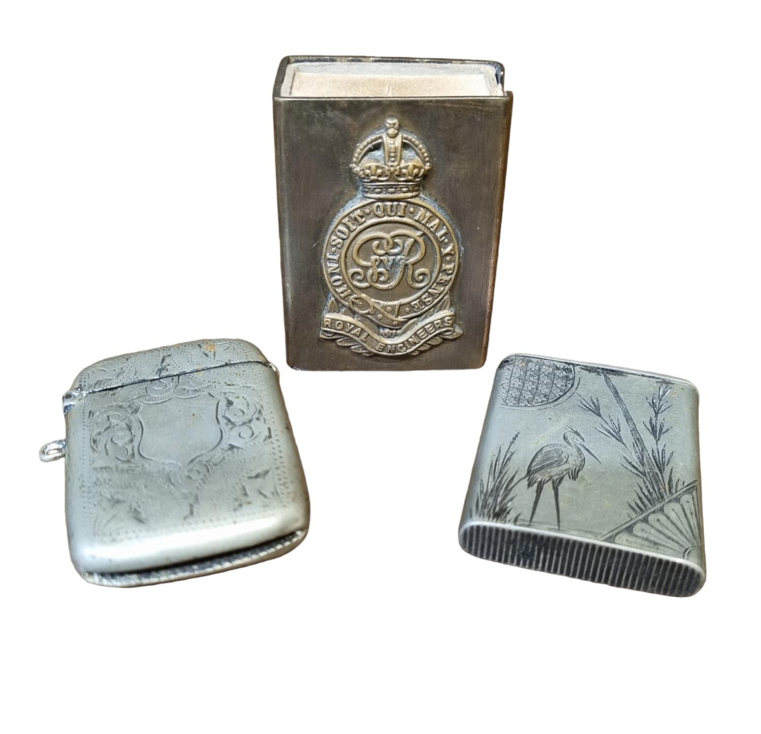 2 x Silver Plated Vesta Cases & Brass Matchbox Holder with Royal Engineers Insignia