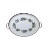 Large Ceramic Serving Tray with Silver Plate Surround & Handles, Hand Painted Floral Decoration