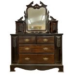 Late Victorian Dark Stained Walnut Dresser Chest with Large Bevelled Edge Mirror Back, 5 Drawers and