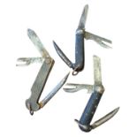 3 x WWII Military Folding Jack Knives with Can Openers, 1 is Marked 1940 another marked 1945 under