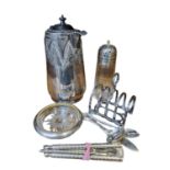 EPNS Walker & Hall Toast Rack, Howard of Sheffield Coffee Pot, Glass Pin Dish, EPNS Topped Sugar