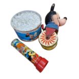 Disney: Vintage Combex Tinplate Drum & Mickey's Kaleidoscope + English Push Along Mickey Toy &