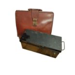 Vintage Black Metal Tin Hand Trunk & Red Leather Attache Case