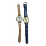 Disney Watches: A Pair of Gold Toned Vintage Lorus Quartz Mickey Mouse Watches on Leather Straps