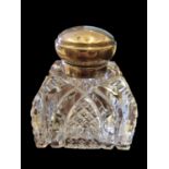Heavy Crystal Glass, Square Cut Decanter / Large Inkwell with 875 Silver London 1854 Lid & Collar,