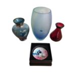 Caithness Smoked Blue Glass Vase, Venetian Glass Vase, Small Red Glass Bud Vase + Bonnae Glass