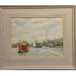 A.W. Freeborn - Norfolk Artist - Framed Water Colour Depicting Boats on Wroxham Broad - 64cm x 54cm