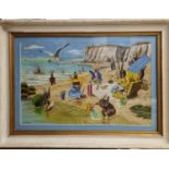 E Carter - Acrylic On Board Painting of a Rabbit Family at the Seaside - Framed & Glazed 70cm x 53cm