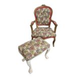 Gold Painted Rococo Style Parlour Chair & White Painted Foot Stool Upholstered with Indian Themed