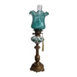 Tall Brass Based Oil Lamp with Ceramic Reservoir & Blue Glass Tulip Shade - 70cm Tall
