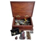 Hand Made Wooden Box Containing a Number of Vintage Collectables (Pens, Whistles, Fob's etc)