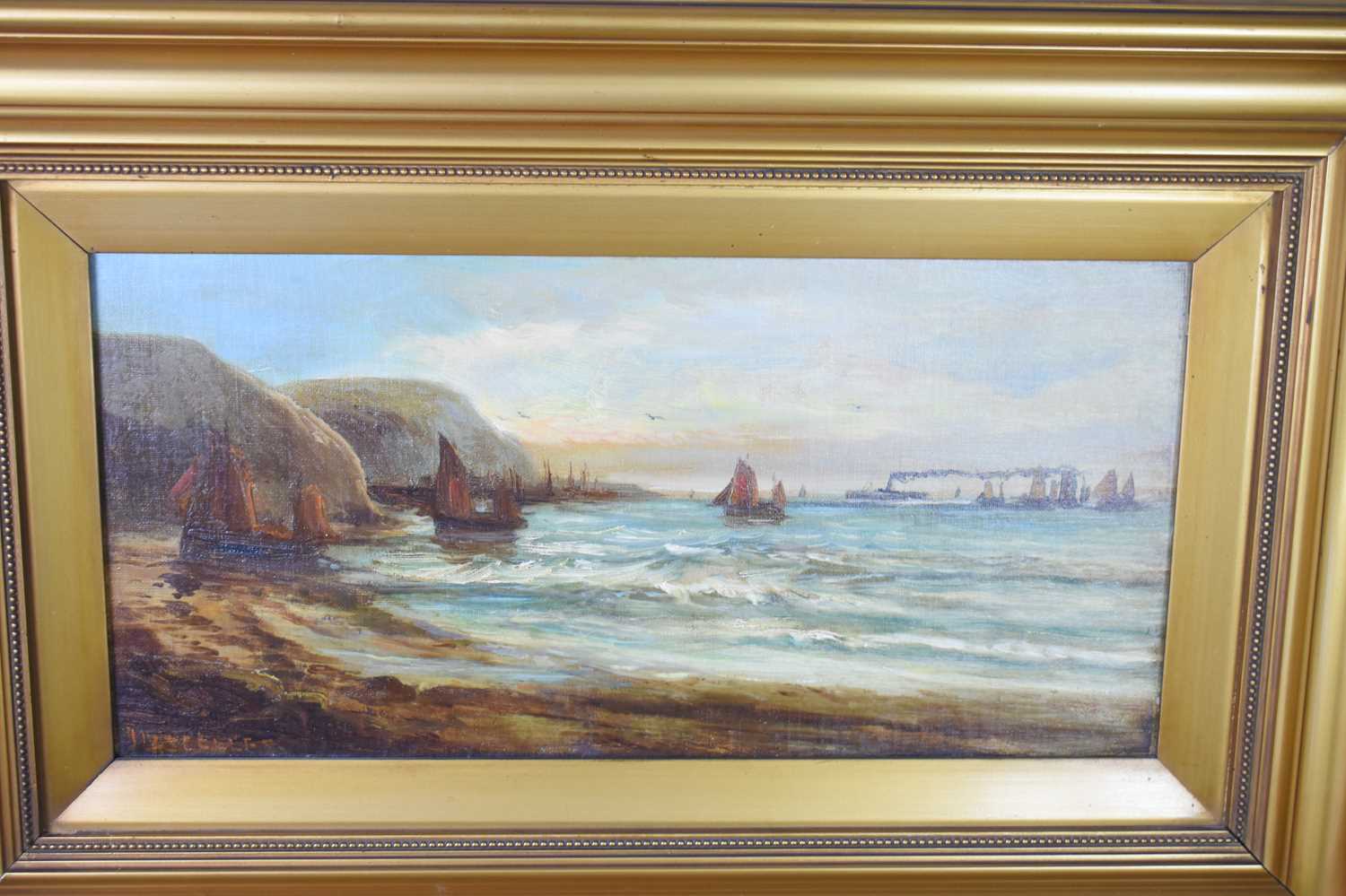 A pair of 19th century style marine landscapes, depicting sailing vessels in coastal waters, both - Image 4 of 4