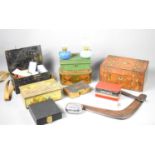 A group of collectable items to include a vintage first aid tin with contents, money box tin, oil