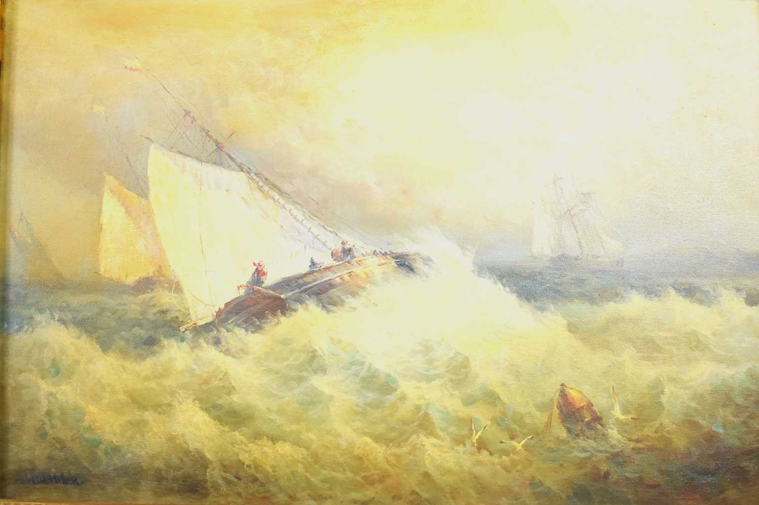 A 20th century oil on canvas framed painting, depicting a nautical scene of sailing vessels in a - Image 4 of 4