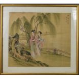 A Japanese watercolour on silk, depicting two ladies walking by a lake with prunus blossom in the