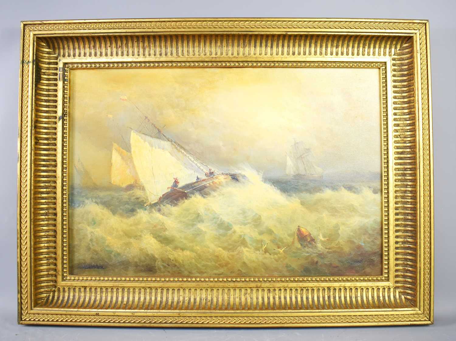 A 20th century oil on canvas framed painting, depicting a nautical scene of sailing vessels in a