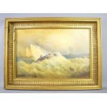 A 20th century oil on canvas framed painting, depicting a nautical scene of sailing vessels in a