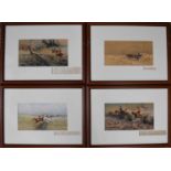 A set of four prints by Langley Stock, depicting hunts in local landscapes, each over painted with