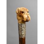 A 19th century silver mounted walking stick, fruitwood, with decorative silver collar, carved