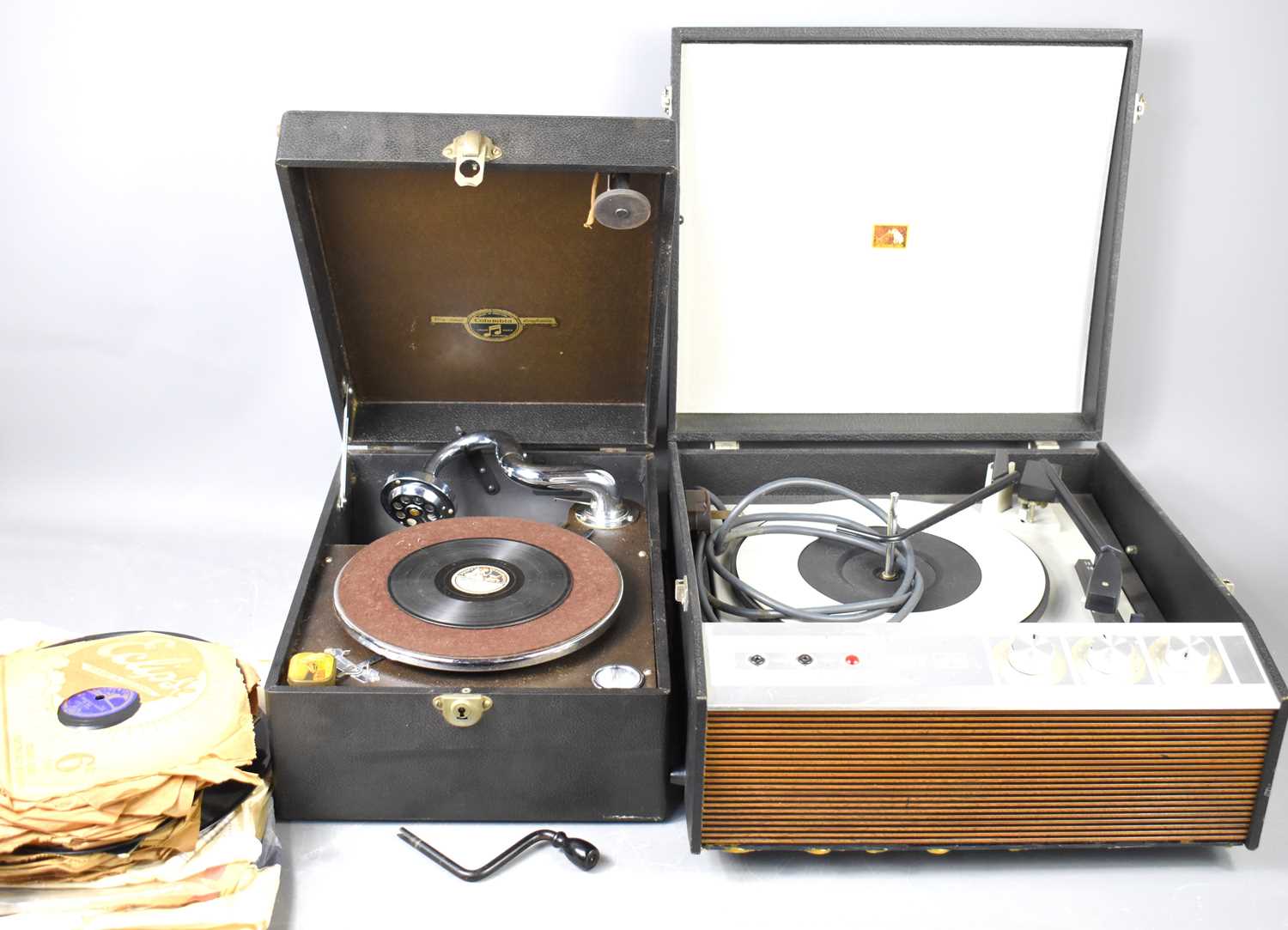 A Columbia Grafonola phonograph together with a HMV record player and a group of 78 records.