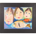 Enzina Fuschini (Italian): Abstract, oil on canvas, three female heads and fish in the sea, 36cm