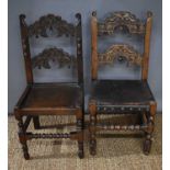 Two 17th century style oak hall chairs with twin arch back rails, carved with decoration, one with