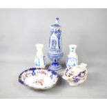 A group of ceramic items to include a Doulton Lambeth style vase, 32cm high, a pair of blue and