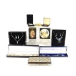 A group of vintage and modern jewellery, along with two compacts and a West Germany cigarette case.