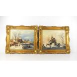 A pair of 20th century oil on board paintings, both titled 'Dutch Winter Scene', 29cm by 25cm.