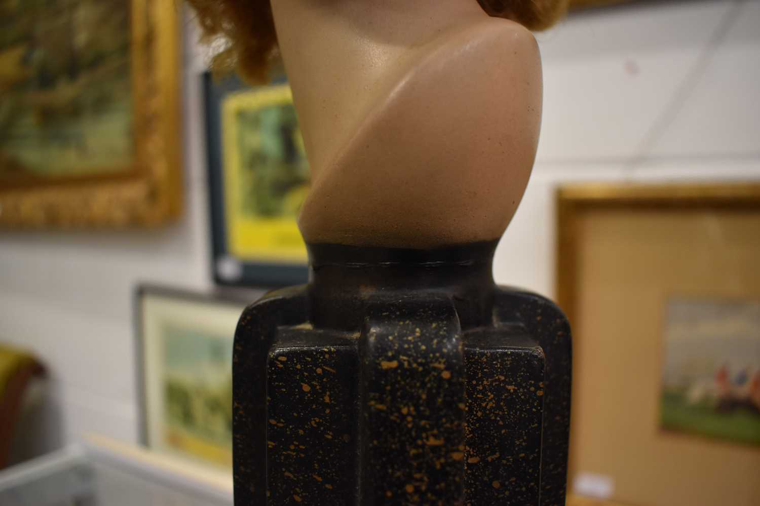 An Art Deco style terracotta bust of a women raised on a shaped base, 36cm high. - Image 5 of 5