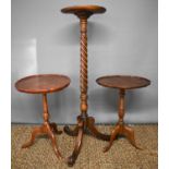A torchere with barley twist stem together with two occasional tables. (3)