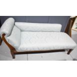 An antique oak framed chaise lounge newly upholstered in duck egg blue fabric, 172cm long.