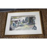 Russell Reeve (20th century): a watercolour and ink of a garden scene with a house and trees, 43cm