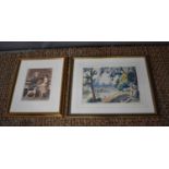 Russell Reeve (20th century): two watercolours, one of a river and bridge scene, and other of an