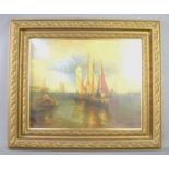 A 20th century oil on canvas framed painting, depicting a coastal scene of sailing boats and